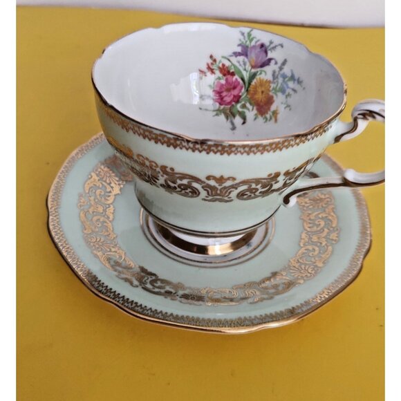 PARAGON Tea Cup and Saucer Green Floral Gold filigree Double Warrant - Picture 1 of 11